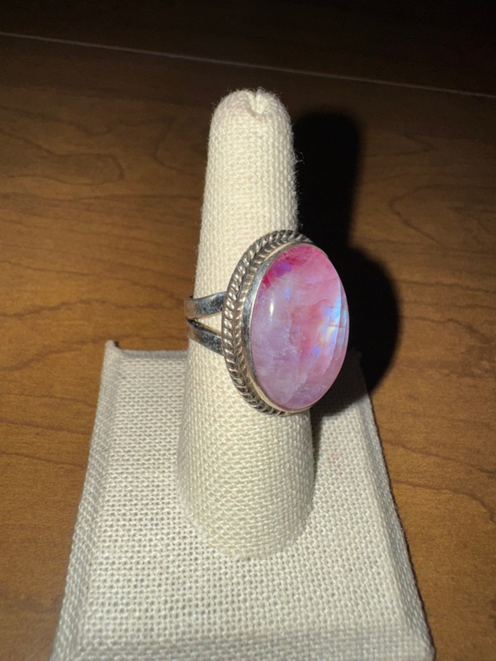 Solid Sterling Silver Pink Moonstone Oval  Rope Bezel Ring - Picture 4 of 10